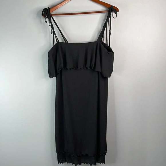 RAPZ Beach Dress Black Tied Bead Spaghetti Strap Lettuce Hem Ruffle Size L - Picture 10 of 10